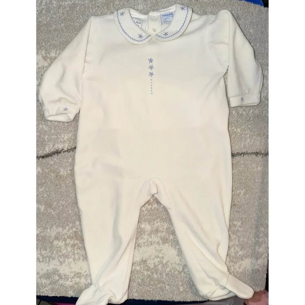 Thema Plus Portugal Cream Velour Embroidered Peter Pan Collar Footed Romper 6M